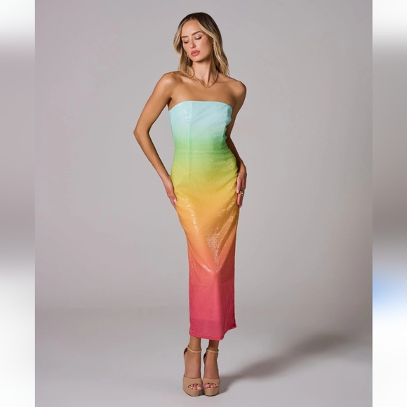 Mew Mews Sexy Rainbow Shanti Strapless Sequin Ombre Maxi Dress Bodycon Colorful